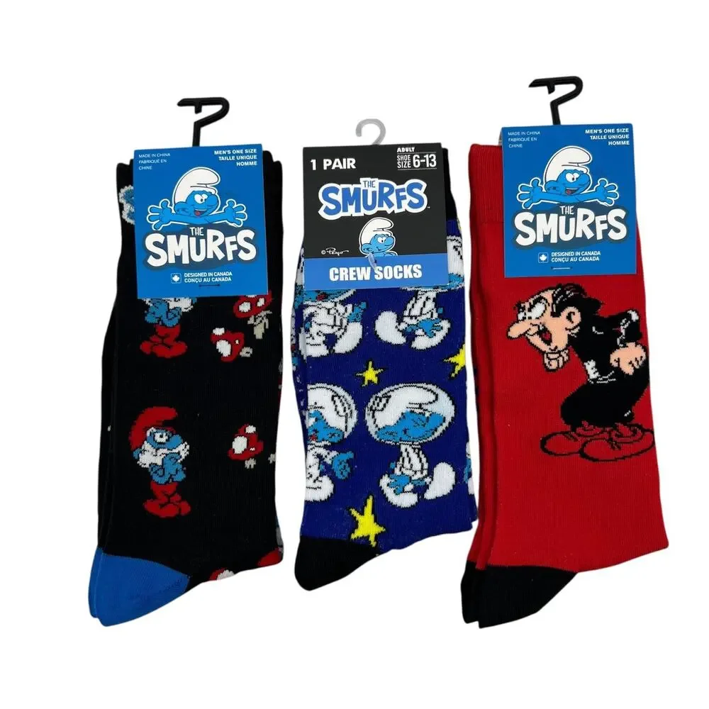 The Smurfs Socks Mens OSFM (6-12) Novelty 90s Cartoon Funny Crew 3 Pairs